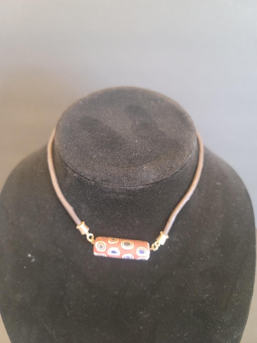 Handcrafted Brown Leather Necklace with Multicolor Millefiori Glass Bead